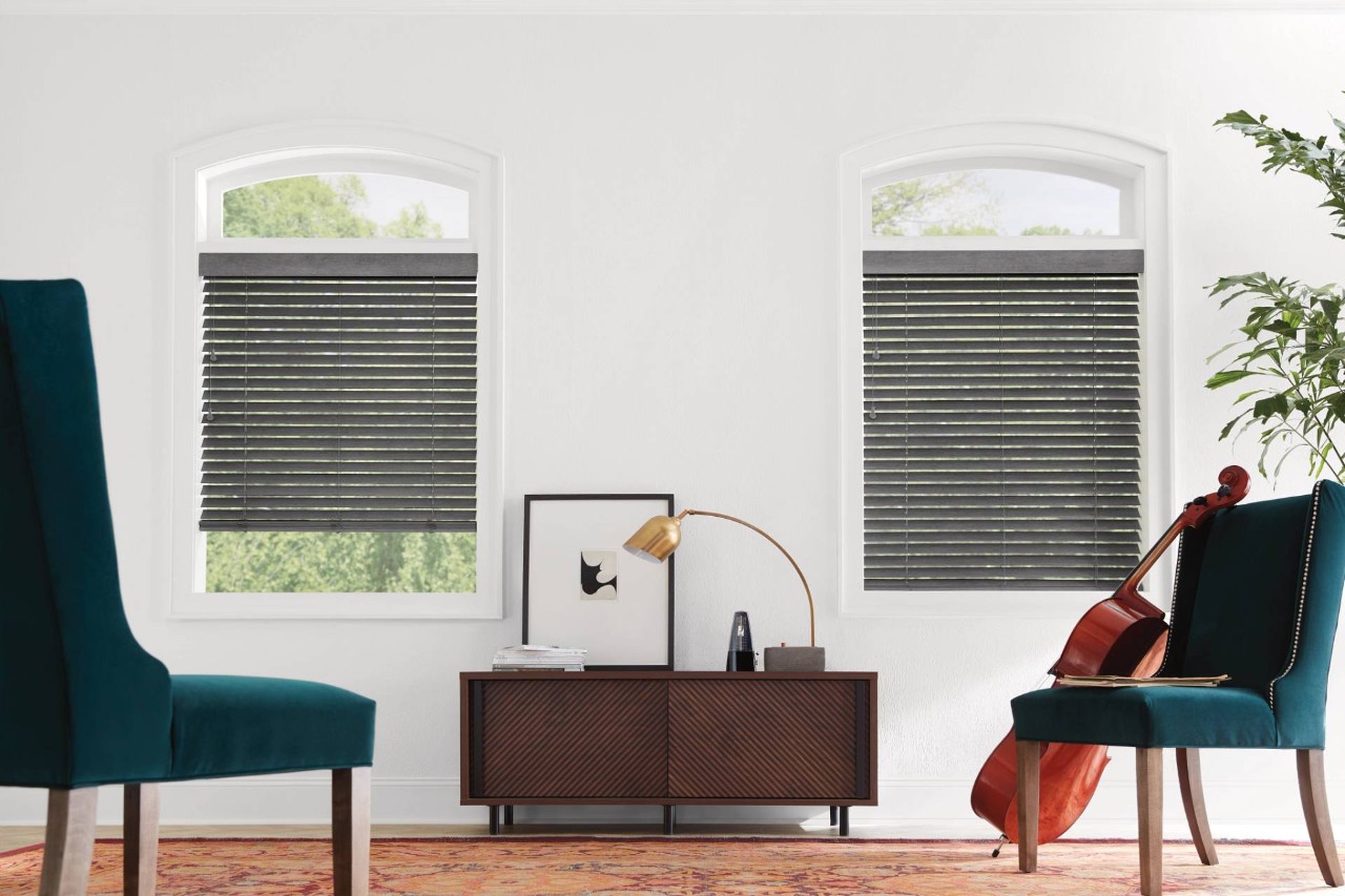 Hunter Douglas Parkland Wood Blinds installed in a sitting room near New Hyde Park, NY